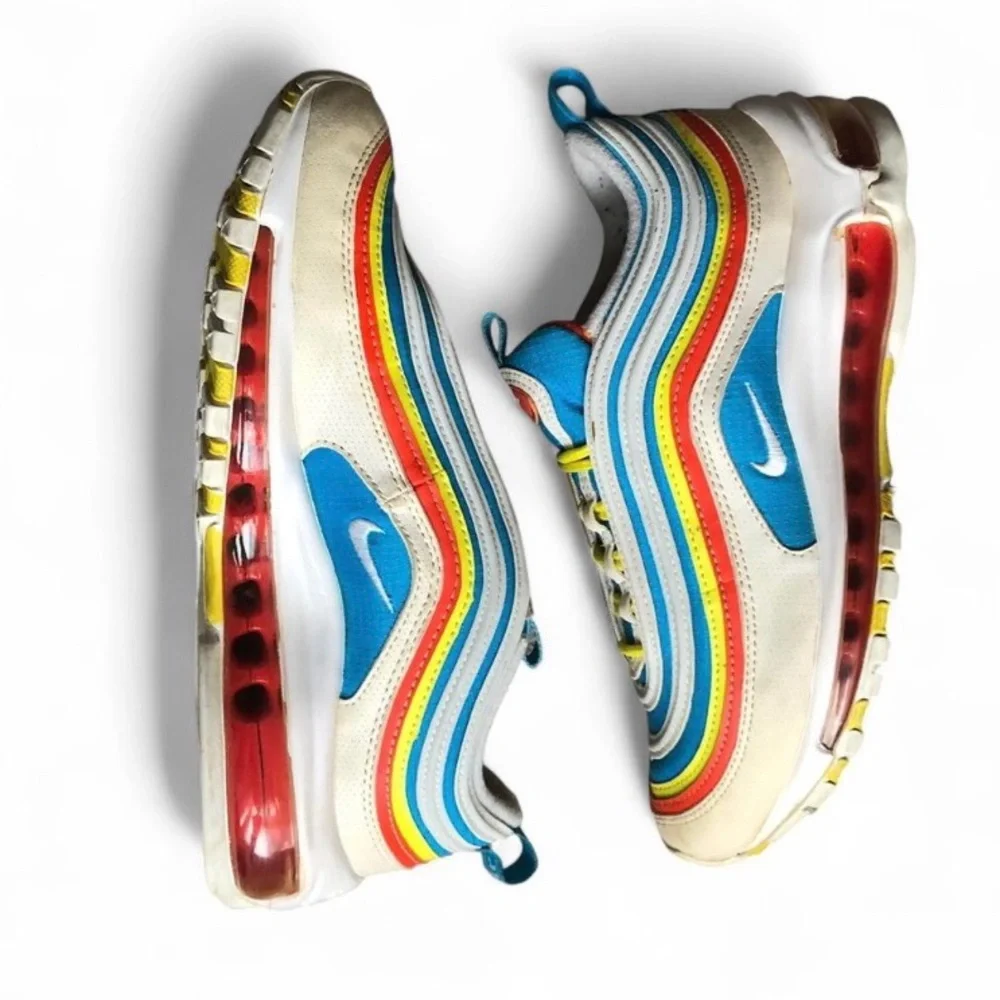 Nike Air Max 97 Shoes Youth Size 5Y White Blue Red Yellow GS Retro Running.